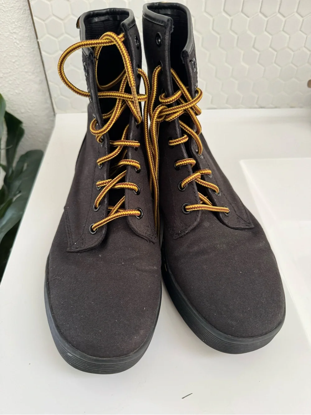 Dr. Martens Black Lace-Up Combat Boot with Yellow Heel Loop